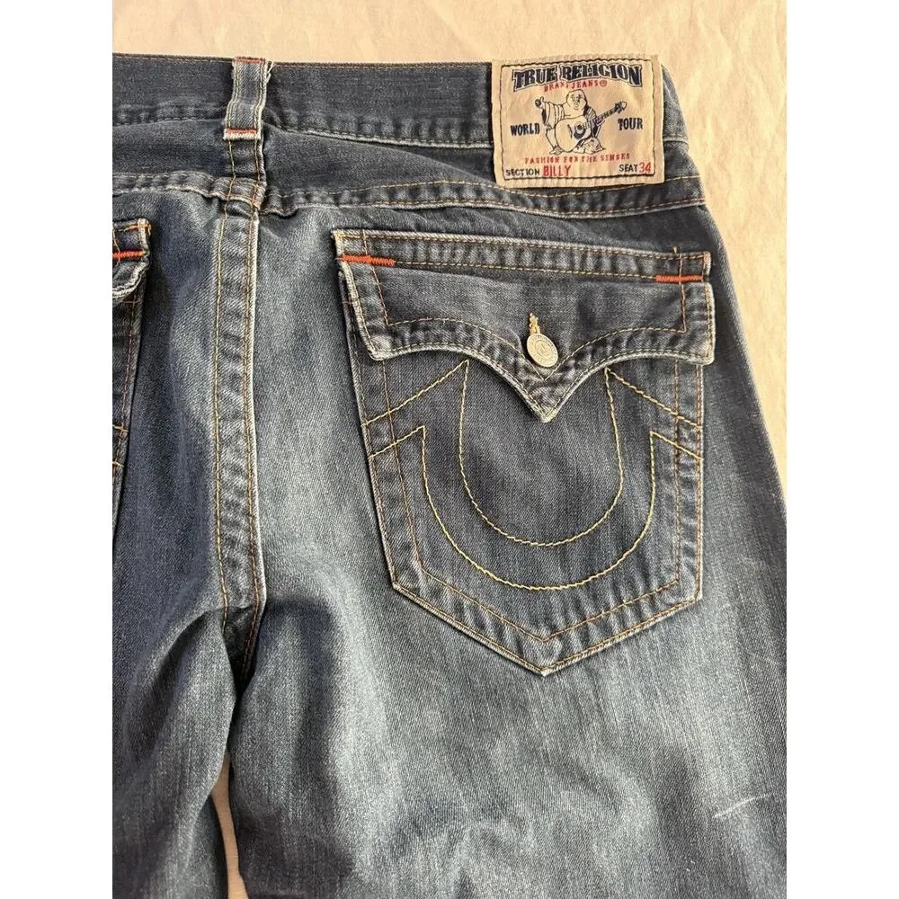 Vintage True Religion Billy Wide Bootcut Jeans Mens 38x32 USA Made Flap Y2K
